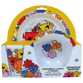 Conjunto de Comedor Monsieur Madame para Niños: Plato, Vaso y Tazón Multicolor 3 Piezas