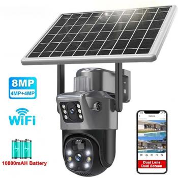 Cámara de vigilancia solar 4K 8MP con doble lente, WiFi, panel solar, detección humana PIR y función PTZ