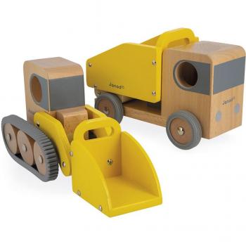Camión de Juguete Janod Volquete y Excavadora - Incluye un camión volquete con caja basculante y una excavadora, fabricado en madera sostenible, con colores no tóxicos, diseño atractivo para niños, ideal