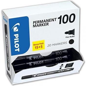Marcador Permanente Pilot 100 Punta Redonda 1 mm Negro - Pack de 20 (15 + 5 Gratis)
