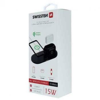 Estación de Carga Inalámbrica 3 en 1 Swissten - Compatible con iPhone, Smartphone, Apple Watch y Airpods