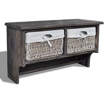 vidaXL Estante de Pared con Perchas y 2 Cestas Tejidas 4 Ganchos Perchero Estantería Colgador de Pasillo Almacenaje Madera Paulwnia Marrón