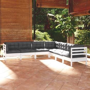 Conjunto de muebles de jardín 7 piezas con almohadas blancas de madera maciza de pino