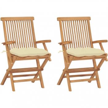 Sillas de jardín 2 uds madera maciza de teca con cojines crema blanco