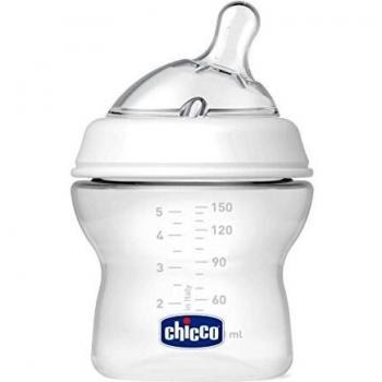 Chicco NaturalFeeling Biberón Anticólicos 0 Meses, 150 ml, con Tetina Inclinada de Silicona Suave y Doble Válvula Anti Cólicos, Alimentación Natural y Lactancia Mixta - Blanco