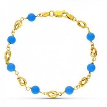 Pulsera de oro 18k para niña con jaulas combinadas de piedras turquesas y mosquetón.