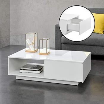 Mesa de Centro Biskra Aglomerado 95 x 55 x 31 cm con Cajón y Estante - Blanco Brillante
