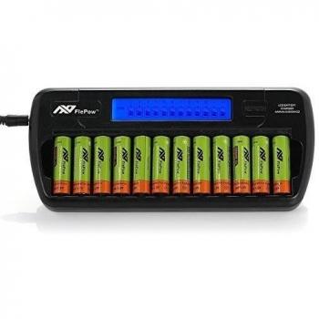 Cargador de Pilas Recargables,Flepow 12 Bay/Slot del Tipo AA / AAA para Ni-MH Ni-Cd,Cargador de Batería con 12 ranuras LCD,Cargador Rápido Inteligente para Pilas