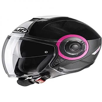 Casco Jet HJC i40 Panadi MC8 Negro Rosa características: diseño aerodinámico, visera solar integrada, sistema de ventilación eficiente, forro interior desmontable y lavable, homologación ECE 22.05