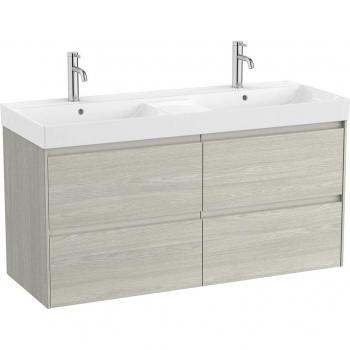 Mueble de baño doble Ona Roca con 4 cajones y 2 lavabos, color roble claro