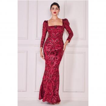 Goddiva Square Neck Scalloped Lace Maxi Dress - Wine