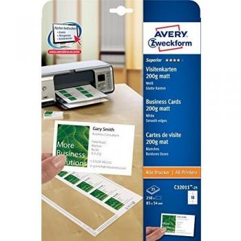 Tarjetas de Visita Avery Zweckform C32011-25, 200g/m², Mate, 85x54 mm, 250 Unidades, Bordes Lisos
