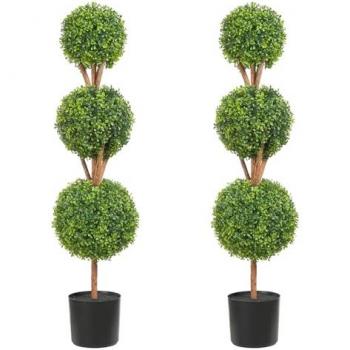 Topiario de Boj Artificial 122 cm con 2 Plantas, 10 Hojas Reemplazables y 2 Luces LED sin Batería para Exterior y Decoración del Hogar