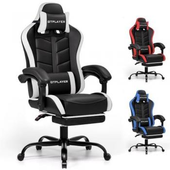 Silla Gaming Ergonómica con Reposapiés, Apoyo para Cabeza Ajustable y Soporte Lumbar, Capacidad de 150 kg, Color Blanco