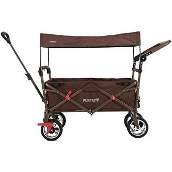 Carro Plegable Fuxtec FX-CT700 Marrón con Techo, Ruedas de Goma, Frenos Delantero y Trasero, Asa de Empuje, Ideal para Niños