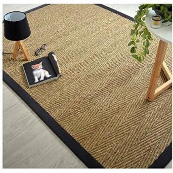 Alfombra de Jonc de Mar Assam Chevron con Borde de Algodón Negro - 160 x 230 cm