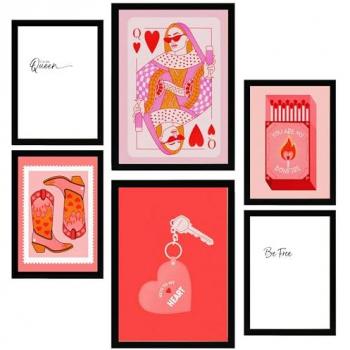 Set de 6 Pósters de Arte Moderno en Rosa con Marco Negro para Decorar Paredes del Hogar (Tamaños A3 y A4)