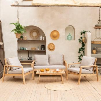 Conjunto de muebles de jardín Happy Garden de 4 plazas en acacia con cojines color arena