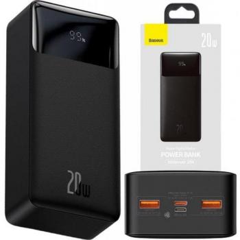 Baseus Bipow Power Bank, 30000mAh Capacity, 20W Fast Charging, Digital Display, USB-C and Dual USB-A Ports, Lithium Polymer Battery, Included Micro-USB Cable (0.25m), Black