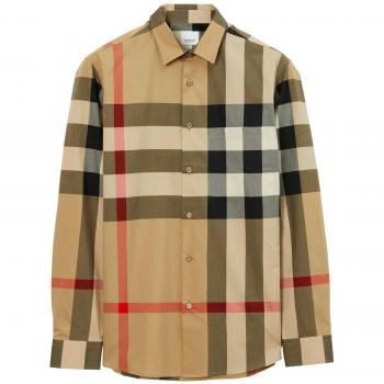 Burberry Men's Beige Check Cotton Poplin Shirt - Size L