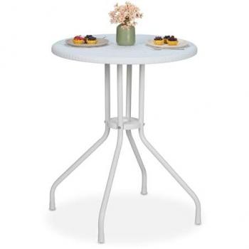 Mesa Jardín Redonda Efecto Ratán, 73 x 60 cm, Plástico y Acero, para Exterior, Blanco