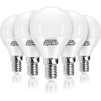 Aigostar Bombilla LED E14,7W Equivalente a 43W,Luz Cálida 3000K,520 Lúmen,Bombillas Casquillo Fino,Ahorro de Energía,No Regulable,G45,Pack De 5[Clase de eficiencia energética A+]