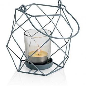 MONTEMAGGI Lámpara Candelabro de hierro celeste anticato. Lámpara con cesta de estilo con formas geometriche. scandi. Tamaño: 12 x 12 x 22 cm