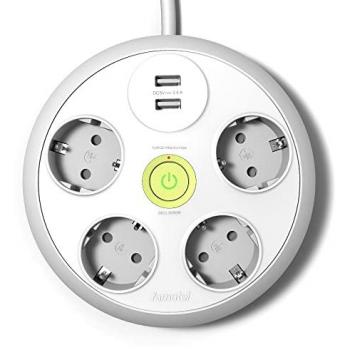 Regleta Redonda 4 Tomas + 2 USB con Interruptor Famatel 2644/3, Cable de 3m, TT, 16A, 250V, Blanco, Enchufe USB de Carga rápida,