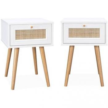 Juego de 2 mesillas de noche blancas con efecto caña, set de 2, Boheme, Blanco, 39x39x55.4 cm, incluye 1 cajón