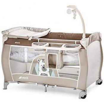 Hauck Babycenter cuna de viaje plegable compacto desde nacimiento hasta 15 kg, con doble altura para recién nacidos, cambiador, almacenamiento de utensilios, ruedas, bolsa de transporte, arco - beige