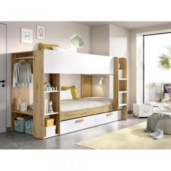 Literas OZANA 2 x 90 x 200 cm con almacenamiento y ropero - Blanco y Natural + Colchones