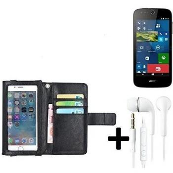 TOP SET: Funda para el ACER Liquid M330 con la pantalla del protector / protector integrado, negro, cuero sintético + Auriculares | Funda Universal Caso Monedero cubierta del tirón Monedero Monedero