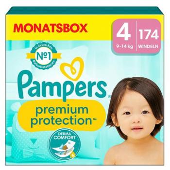Pampers Pañales Premium Protection Talla 4 Maxi (9-14 kg) - Caja de 174 unidades para máxima comodidad y protección en pieles sensibles