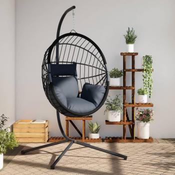 Hanging Egg Chair with Anthracite Polyrattan and Steel Stand