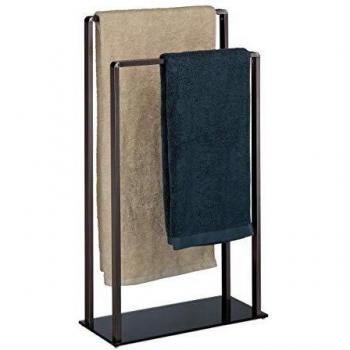 Toallero de Pie Moderno con 2 Barras, Metal y Cristal, Bronce-Negro, 80 x 45 x 20 cm