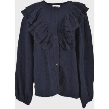 Blusa de niña azul marino de algodón con volantes