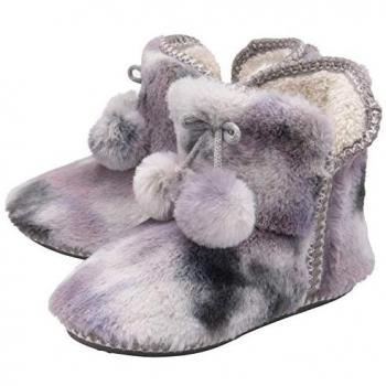 Dunlop Women's Fluffy Pom Pom Memory Foam Slipper Booties - Grey Mink, Size UK 4