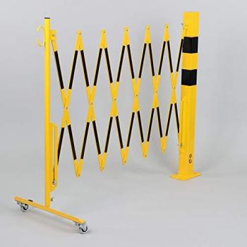 Poste de seguridad con rejilla plegable, 3600x1000mm, amarillo/negro, tubo cuadrado 70x70mm, montaje a tornillo