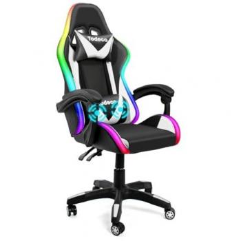 Silla Gaming Ergonómica con Masaje y Luz LED, Altura y Respaldo Ajustables, Reposacabezas y Soporte Lumbar, Color Blanco