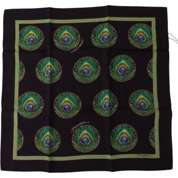 Dolce & Gabbana Black Peacock Feather DG Printed Square Handkerchief Scarf
