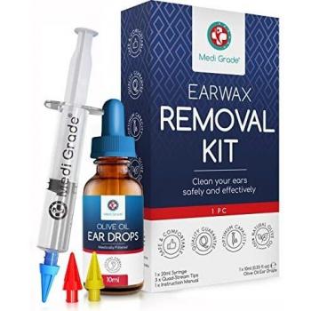 Medi Grade Kit de Jeringuilla para Limpieza de Oídos con Aceite de Oliva y 3x Puntas Suaves para Sacar Cera - Limpiador de Oídos Reutilizable - Limpia Oídos Casero - Mejora la Audición