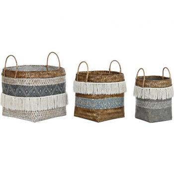 Juego de Cestas DKD Home Decor 49 x 49 x 57 cm Bambú Boho, set de 3 cestas de bambú y algodón en color gris