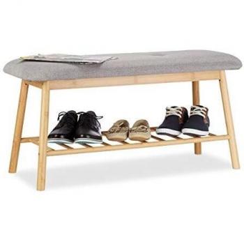 Relaxdays Banco Zapatero Moderno, Bambú, Gris-Beige, 44 x 90 x 34 cm