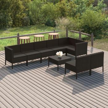 9-Piece Black Poly Rattan Garden Lounge Set with Cushions
