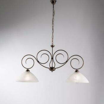 Araña de hierro marrón y oro con dos luces, pantallas de alabastro y cristal blanco, dimensiones 99x h52 cm