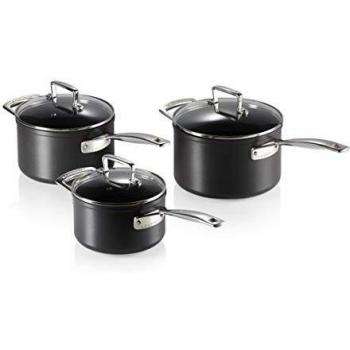 Le Creuset Set de cazos de aluminio antiadherente, 3 piezas, Ø 16, 18 y 20 cm, Libre de PFOA, Para todas las fuentes de calor, incluso la inducción, Antracita/Plateado