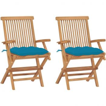 Teak Wood Garden Chairs Set with Light Blue Cushions - 2 Pieces