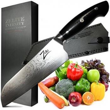 ZELITE INFINITY Santoku Knife 7 Inch - Executive-Plus Series - Japanese AUS-10 Super Steel 45-Layer Damascus - Incredible G10 Handle - Full-Tang - Deep 53mm Blade - Leather Sheath