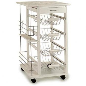TU TENDENCIA ÚNICA Carrito Frutero Verdulero con Cajón, 4 cestas y botellero. Estructura de Madera Blanca y Acero Inoxidable en Las Cestas. Cuenta con 4 Ruedas para un fácil Transporte
