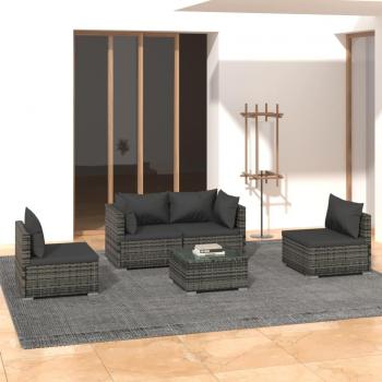 5-Piece Grey Poly Rattan Garden Lounge Set with Cushions